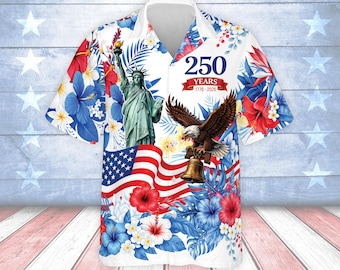 Camisa havaiana patriótica dos EUA, comemorativa dos 250 anos da Estátua da Liberdade e da Águia-careca, com botões, bandeira americana, para celebrar o período de 1776 a 2026.