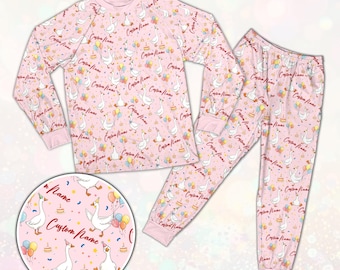 Personalized Birthday Goose Pajamas, Custom Name Pink Duck PJ Set, Toddler Birthday Gift, Kids Sleepwear, Matching Birthday Outfit