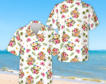 Camisa havaiana com estampa de abacaxi e hibisco, clássica camisa de verão para férias na praia, blusa floral tropical para festa havaiana, roupa exótica para coquetel com coco.