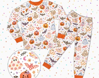 Floral Ghost Halloween Pajamas, Leopard Pumpkin Sleepwear, Spooky Season PJs, Long Sleeve Halloween Loungewear, Unisex Family Matching PJs