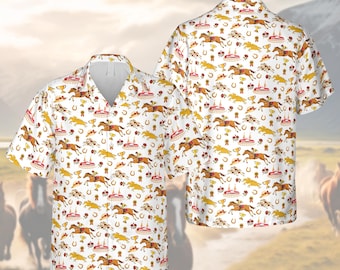 Camisa havaiana de corrida de cavalos do Kentucky Derby, camisa de botão da Tríplice Coroa Equestre, blusa vintage de verão para pista de corrida, presente para jóquei e amante de cavalos