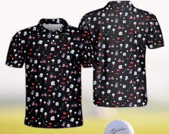 Patriotic USA Golf Polo Shirt for Men - Stars and Stripes Golf Apparel - Red White and Blue Golf Cart Print - Father's Day Gift for Golfer