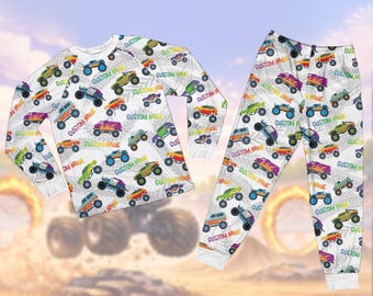 Pijama personalizado com estampa de Monster Truck, colorido, para corrida off-road, com nome personalizado para criança, pijama com estampa de caminhão acrobático de rodas grandes.