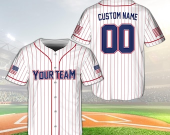 Camisa de beisebol patriótica personalizada com listras, nome e número personalizados, uniforme de time com a bandeira dos EUA, camisa esportiva americana.