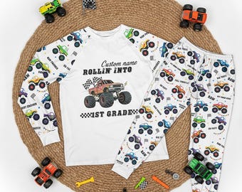 Monster Truck Pajamas, Personalized School Grade PJs Soft Boys, Comfortable Back to School Gift for Family set