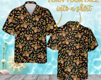Camisa havaiana personalizada com foto para o Cinco de Mayo, camisa de botão personalizada para festa mexicana, foto divertida com sombrero, roupa festiva para celebração mexicana.