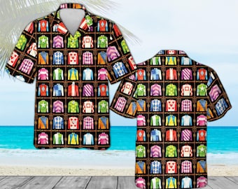 Camisa havaiana com estampa de jóquei de corrida de cavalos, estilo Derby, com botões em cores vibrantes, ideal para o verão e para o estilo equestre, perfeita para o paddock de hipódromo.