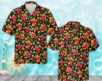 Camisa havaiana com pimenta malagueta para o Cinco de Mayo, camisa divertida para festa mexicana, chapéu de jalapeño dançante, celebração festiva de feriado.
