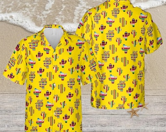 Vibrant Cactus Fiesta Hawaiian Shirt, Colorful Serape Stripe Cactus Pattern, Cinco De Mayo Party Button Up, Tropical Desert Summer Beach Top