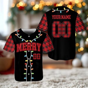 Personalized Christmas Jersey, Red Plaid Pattern, Merry Holiday Baseball Shirt, Custom Name and Number, Festive Party Outfit, Unisex Top