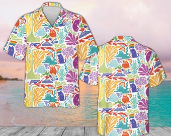 Camisa havaiana do Orgulho Gay, Camisa de botão colorida com estampa abstrata de gato para o Mês do Orgulho, Blusa de verão com estética da bandeira do arco-íris LGBTQ+, Arte floral inclusiva com gatos