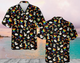 Rainbow Bigfoot Pride Hawaiian Shirt, Sasquatch LGBTQ Shirt, Funny Cryptid Pride Clothing, Y'all Means All Button Up, Summer Festival Top