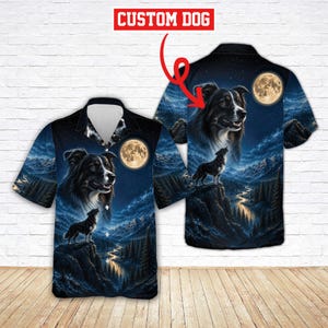 May include: A short-sleeve button-down shirt featuring a dark blue night landscape with a full moon, a large dog portrait, and a smaller dog standing on a cliff. The text CUSTOM DOG appears at the top with a red arrow pointing to the back view.