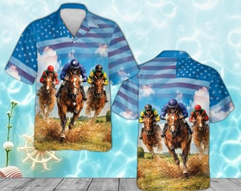Camisa havaiana patriótica americana para corridas de cavalos, botão com a bandeira americana para o Derby Day, roupa esportiva patriótica para equitação, fã de corridas de cavalos do Quatro de Julho.