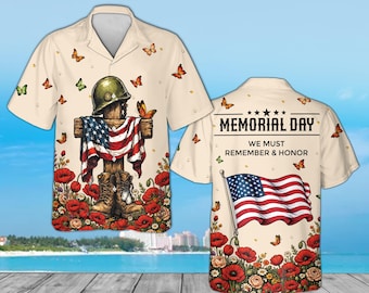 Camisa havaiana em homenagem ao Dia da Memória, Camisa de botões "Devemos lembrar e honrar", Vestuário patriótico americano para heróis militares, Lembrança dos Veteranos