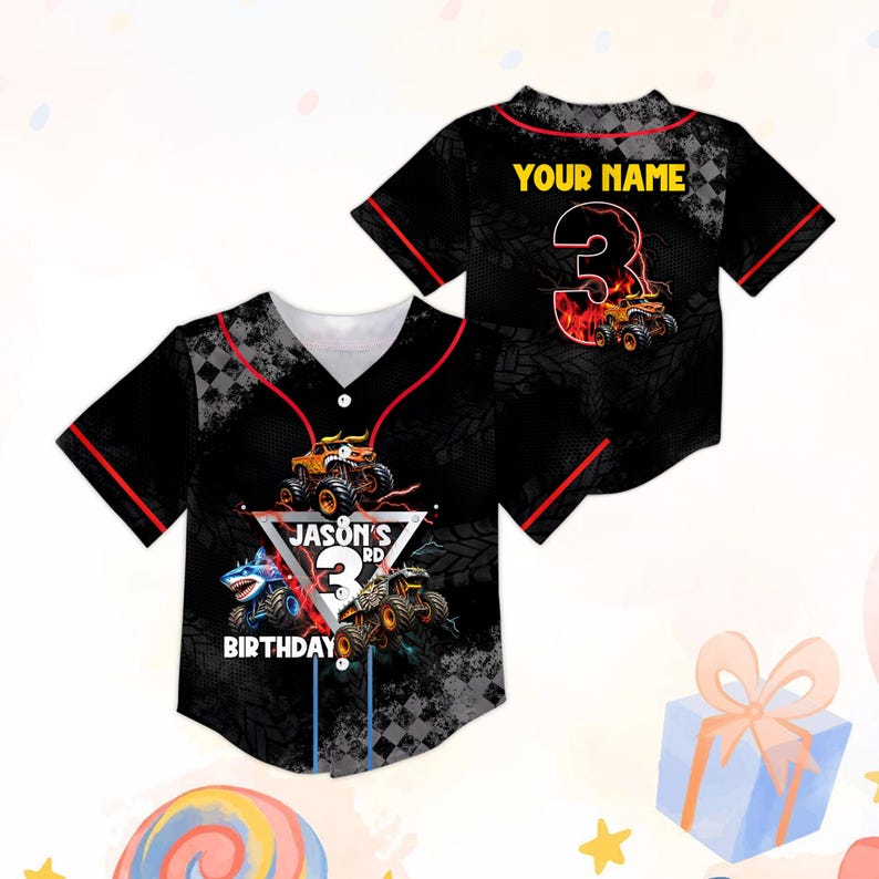 May include: Black baseball jersey with red trim, featuring monster truck graphics and the text "JASON'S 3RD BIRTHDAY". The back of the jersey has the text "YOUR NAME" above a large number 3 with a monster truck design.