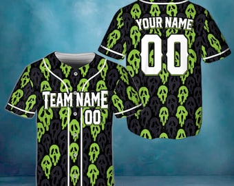 Camiseta de béisbol espeluznante personalizada, camiseta de terror personalizada, disfraz de máscara de fantasma, regalo único para amantes del terror, camiseta con nombre de equipo personalizado