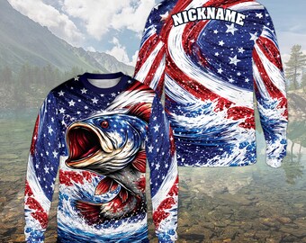 Personalized Fishing Gift for Dad, USA Flag Long Sleeve Shirt, Custom Name Fishing Jersey, Bass Fishing Apparel, Fishing Team Shirt