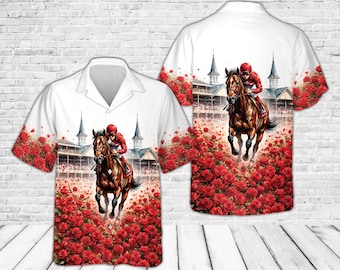 Camisa havaiana Derby Day Run For The Roses, Camisa de botão para fã de corridas de cavalos, Camisa de celebração equestre do Kentucky, Camisa vintage de verão para hipódromo