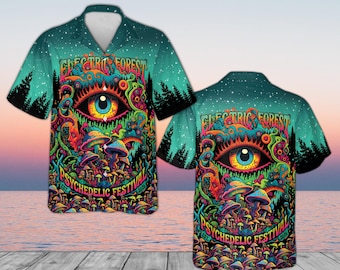 Psychedelic Hawaiian Shirt, Electric Forest Festival Shirt, Trippy Mushroom Button Down, Rave Outfit Men, Psytrance Apparel, Hippie Gift