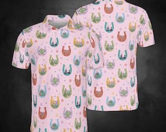 Polo Western Horseshoe, Camisa de Golf Cactus Desert, Top Boho del Suroeste, Regalo para Amantes de los Caballos, Ropa de Vaquera/Vaquera, Polo Unisex de Verano