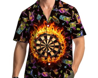 Camisa havaiana com estampa de alvo de dardos em chamas, camisa de botão neon para festa de coquetel, roupa esportiva com dardos de fogo, camisa tropical para praia e vida noturna.