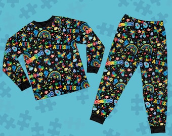 Vibrant Autism Awareness Pajamas, Colorful Puzzle Piece Loungewear Set, Neurodiversity Support PJs, Long Sleeve Family Sleepwear