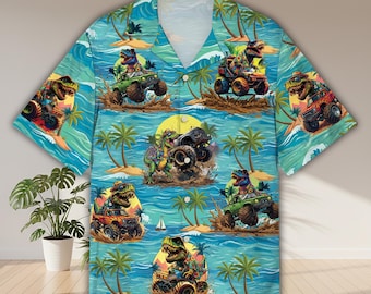 Dinosaur Monster Truck Hawaiian Shirt, T-Rex Tropical Beach Design, Off-Road Adventure Button Down, Boys Summer Outfit, Jurassic Coast Gift