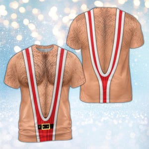 Ren Mankini T-shirt, Rolig Jultröja med Hårig Bröst, Oförskämd Julklapp, Hemlig Tomteidé, Ful Jultröja Partytröja