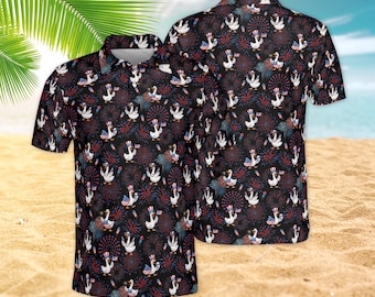 Funny Duck Patriotic Polo Shirt, Uncle Sam Duck 4th of July Fireworks Top, Unisex American Flag Summer Polo, Independence Day Gift for Him