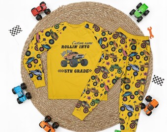 Monster Truck Pajamas, Personalized School Grade PJs Soft Boys, Comfortable Back to School Gift for Family set