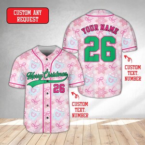 Custom Pink Christmas Baseball Jersey, Snowflake Pattern Holiday Shirt, Personalized Xmas Tree Jersey, Festive Family Christmas Outfit