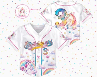 Custom Unicorn 3rd Birthday Baseball Jersey, Personalized Rainbow Birthday Girl Shirt, Custom Name and Number Kids Jersey Outfit