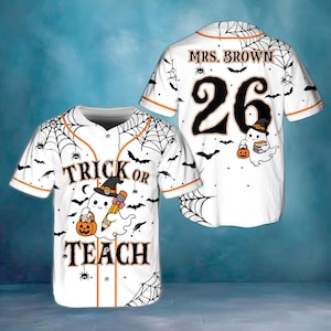Camiseta de béisbol personalizada "Truco o trato", camiseta de profesor de Halloween, camiseta de profesor fantasma con nombre personalizado, regalo espeluznante para educadores, camiseta escolar