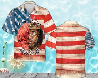 Camisa havaiana do Memorial Day, camisa de botão "Terra dos Livres por Causa dos Bravos", soldado patriótico com a bandeira americana, homenagem aos veteranos com a papoula