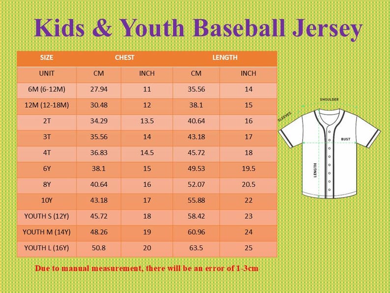 May include: A chart for kids' and youth baseball jersey sizes, with chest and length measurements in inches and centimeters. Sizes range from 6 months to youth large. The image includes a diagram of a baseball jersey.