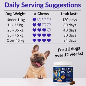 May include: A smiling French Bulldog next to a white tub of dog treats. The tub is labeled "Multi Action 8-in-1 Treats" and includes a graphic of a dog wearing sunglasses. Text on the image provides daily serving suggestions.
