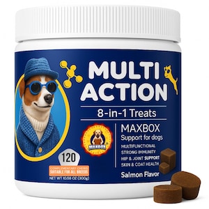 May include: A white plastic container of dog treats with a blue label. The label features a cartoon dog wearing sunglasses and a hat. Text on the label reads "MULTI ACTION 8-in-1 Treats" and "MAXBOX Support for dogs". The container holds 120 treats, net weight 10.58 oz.