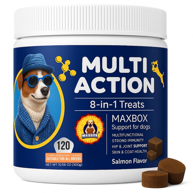 May include: A white plastic container of dog treats with a blue label. The label features a cartoon dog wearing sunglasses and a hat. Text on the label reads "MULTI ACTION 8-in-1 Treats" and "MAXBOX Support for dogs". The container holds 120 treats, net weight 10.58 oz.
