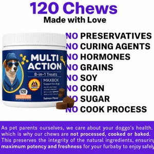 May include: A white plastic container of dog treats with the text "Multi Action 8-in-1 Treats" and "120 Chews". The label features a cartoon dog wearing sunglasses and a blue jacket. The treats are salmon flavored.