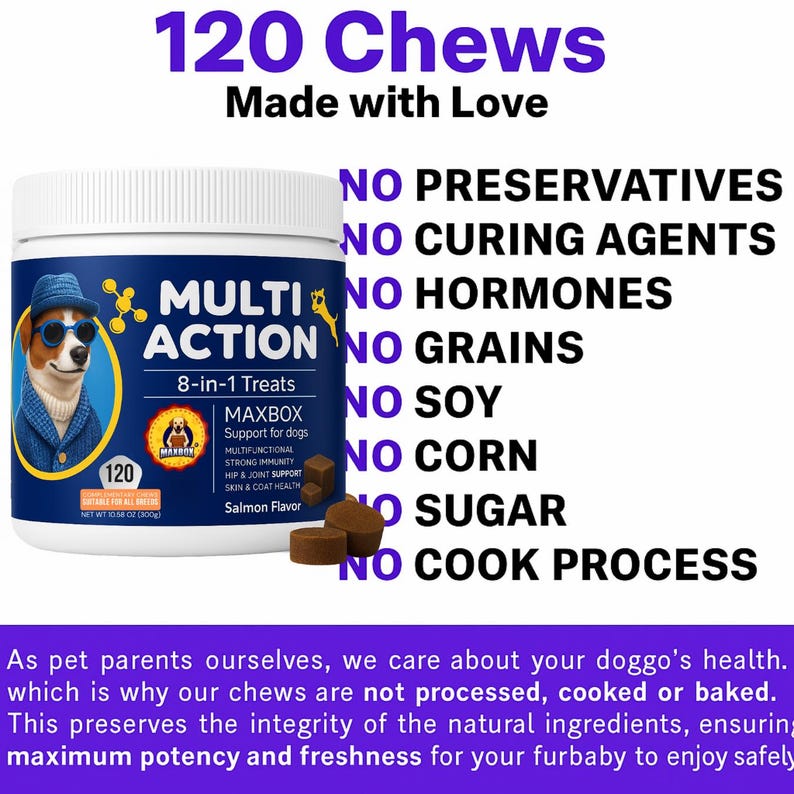 May include: A white plastic container of dog treats with the text "Multi Action 8-in-1 Treats" and "120 Chews". The label features a cartoon dog wearing sunglasses and a blue jacket. The treats are salmon flavored.