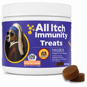 May include: A white plastic container of dog treats with a blue label. The label reads "All Itch Immunity Treats" and features a dog wearing sunglasses and a headscarf. The container holds 120 treats and weighs 300g.