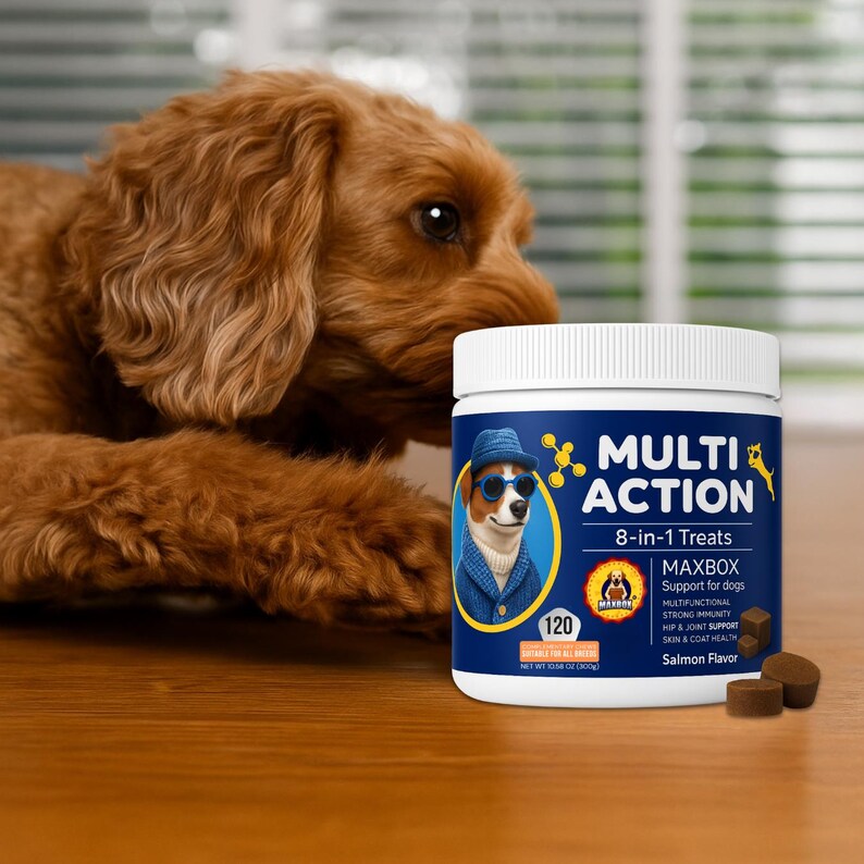 May include: A white and blue container of dog treats with the text "MULTI ACTION 8-in-1 Treats" and "MAXBOX Support for dogs". The container has a picture of a dog wearing sunglasses and a hat. Two brown treats are next to the container. A brown dog is in the background.