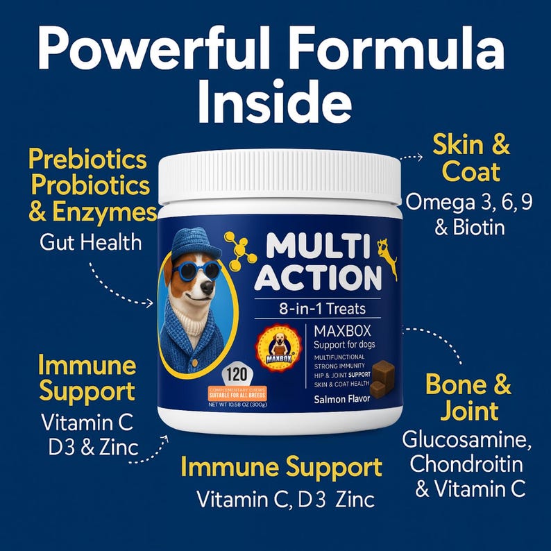 May include: A white and blue container of dog treats with the text "MULTI ACTION 8-in-1 Treats". The container features a cartoon dog wearing sunglasses and a blue hat. The product supports immune health, skin and coat, and bone and joint health.