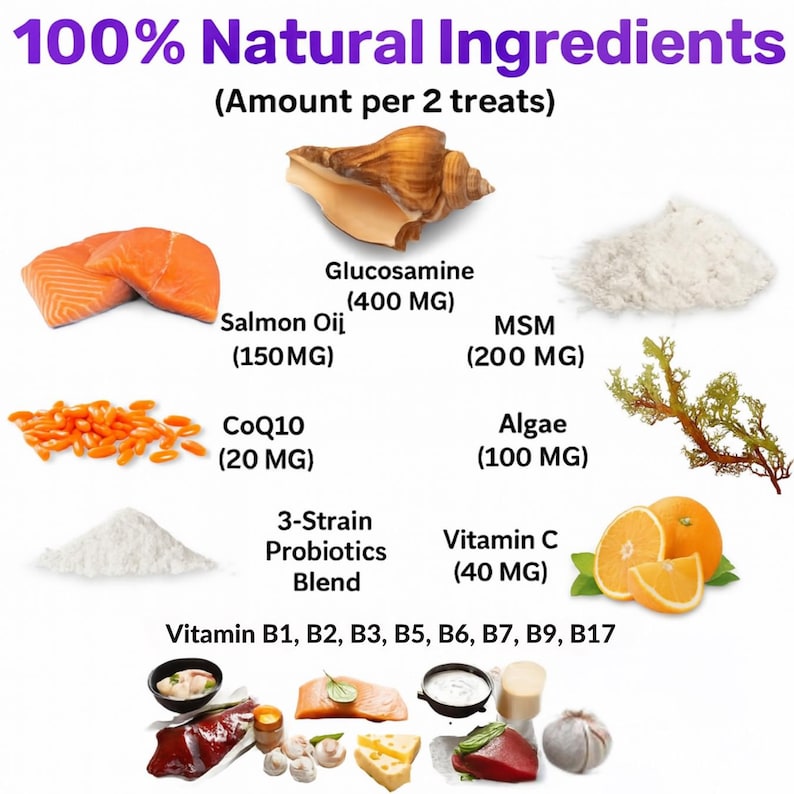 May include: An image showcasing various natural ingredients, including salmon oil, glucosamine, and vitamin C, with text indicating the amounts per two treats. The image features a variety of food items and supplements.