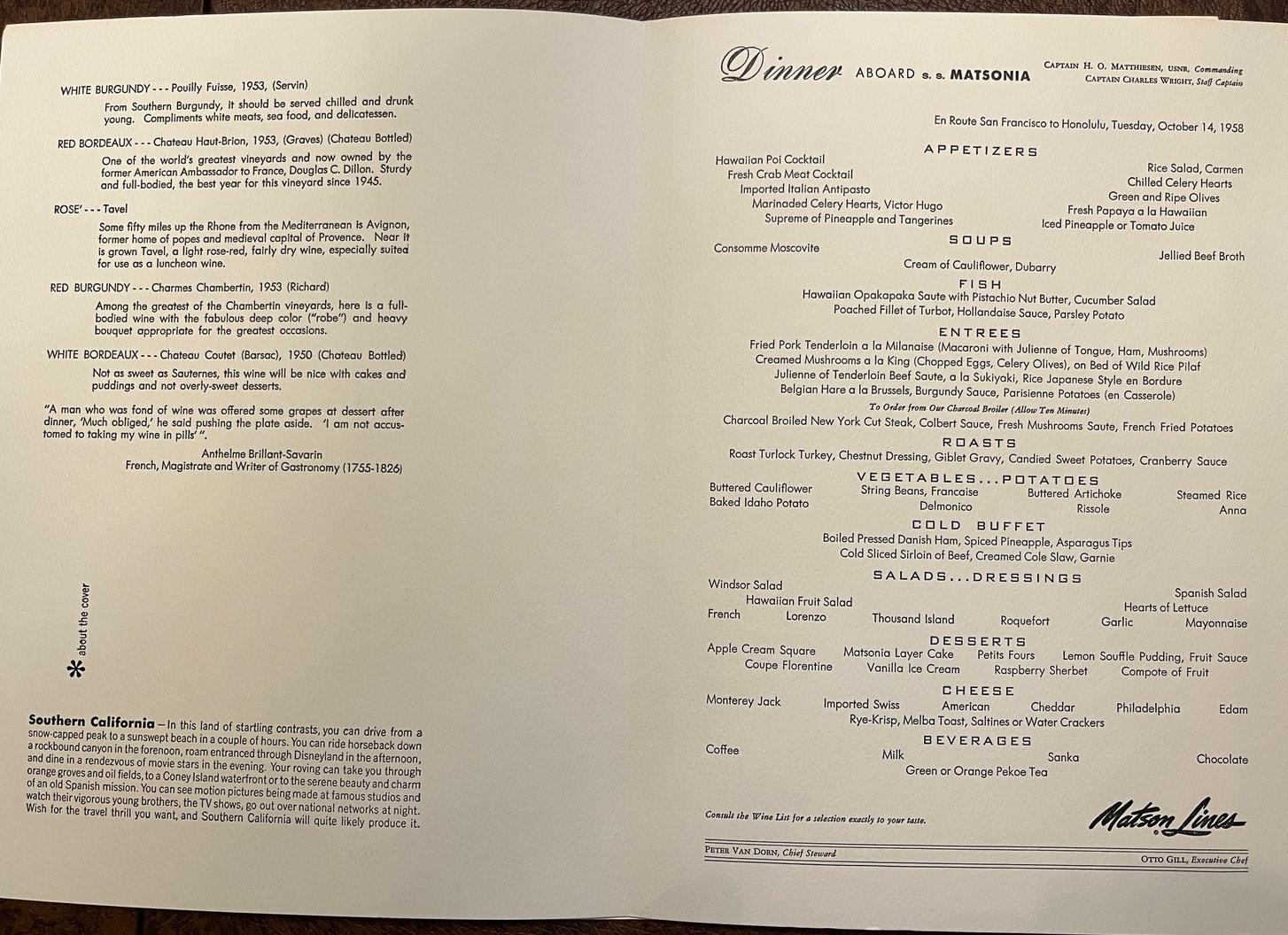 Vtg 1958 Matson Lines SS Matsonia Dinner Menu Set - 4 Mid-century