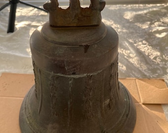 Antique Bronze Chapel Bell – 12" Ornate Floral Relief, Garden Decor