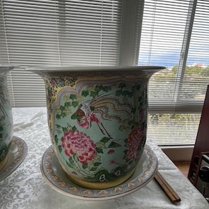 Puede incluir: Una gran maceta de cerámica ornamentada con un platillo a juego. La maceta presenta un fondo verde claro con diseños florales y de aves rosas. Los bordes de la maceta y el platillo tienen un borde decorativo. La maceta mide aproximadamente 30 cm de diámetro y 25 cm de alto.