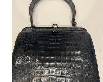 Vintage Joseph Magnin Genuine Alligator Top Handle Box Frame Handbag Black
