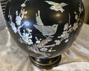 Vintage Korean Mother of Pearl Inlay Black Lacquer Brass Vase Bird 11" Korea